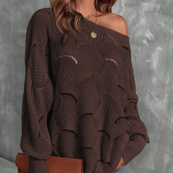 Brown Casual Womens Lantern Sleeve Pointelle Knit Pullover Sweater - Picture 5 of 7